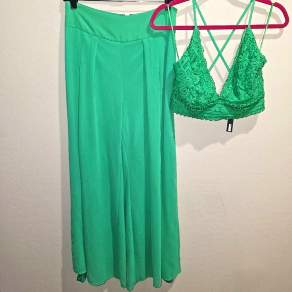 Miss Avenue Green Pants and Lace Bralette Set